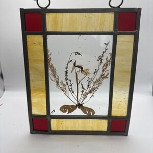 Handcrafted Vintage '73 Stained Glass Hanging Picture with Pressed Flowers 8x7"